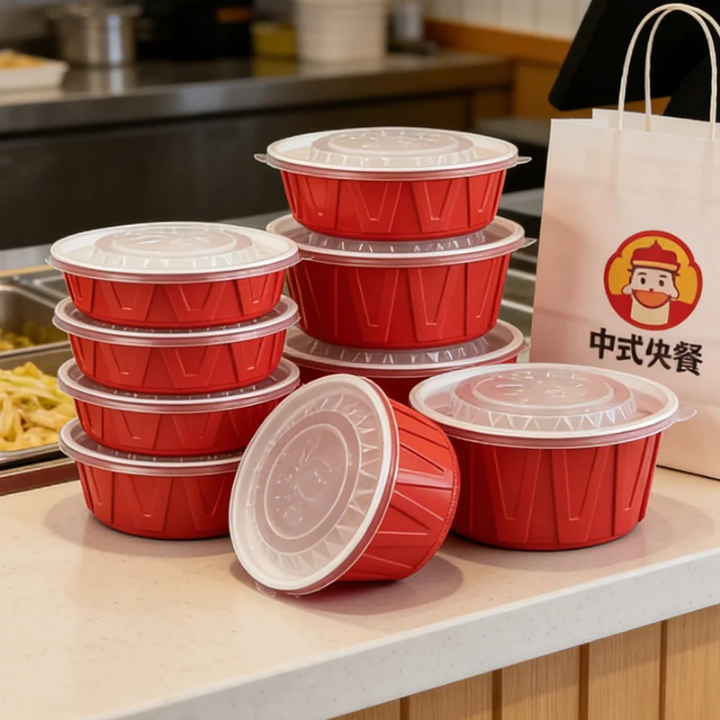 Contenant alimentaire en plastique jetable.